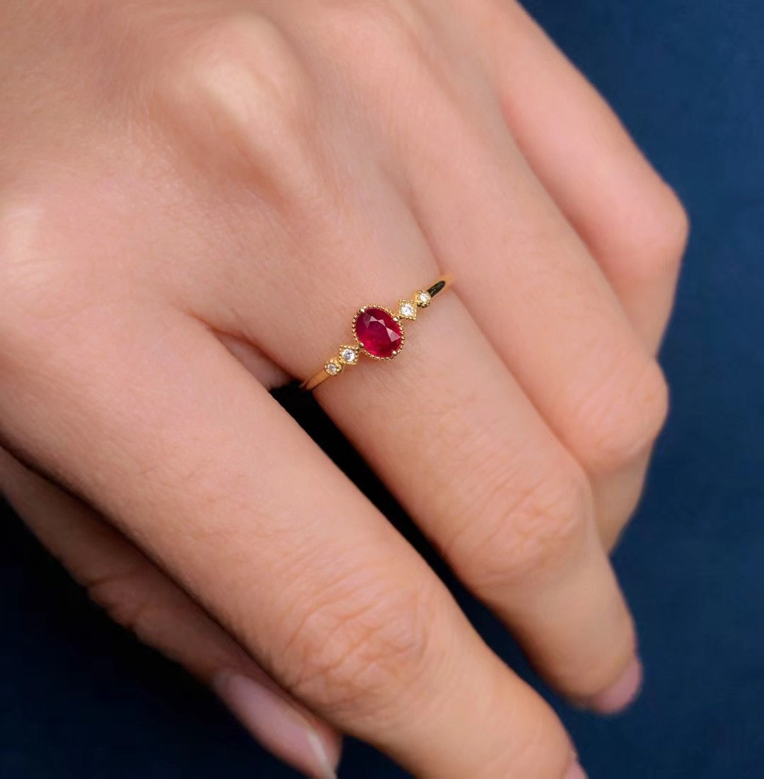 18k Diamond & Oval Shaped Ruby Ring