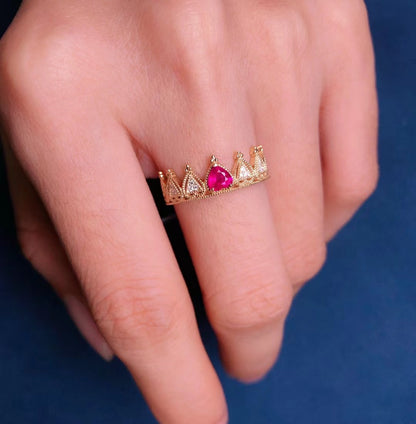 18k Heart Shaped Ruby Crown Ring